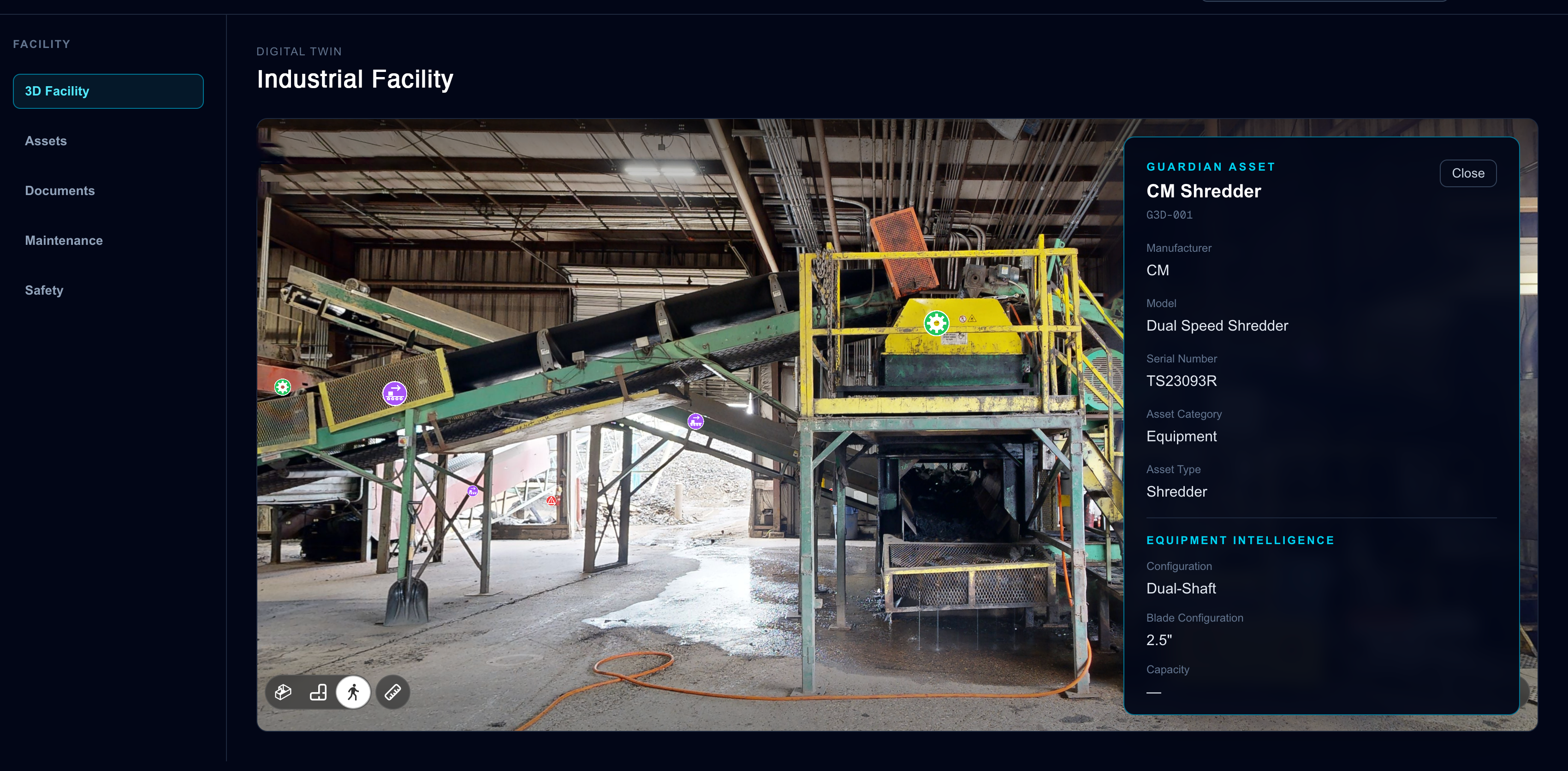 Guardian 3D facility intelligence platform showing an industrial facility and equipment asset details